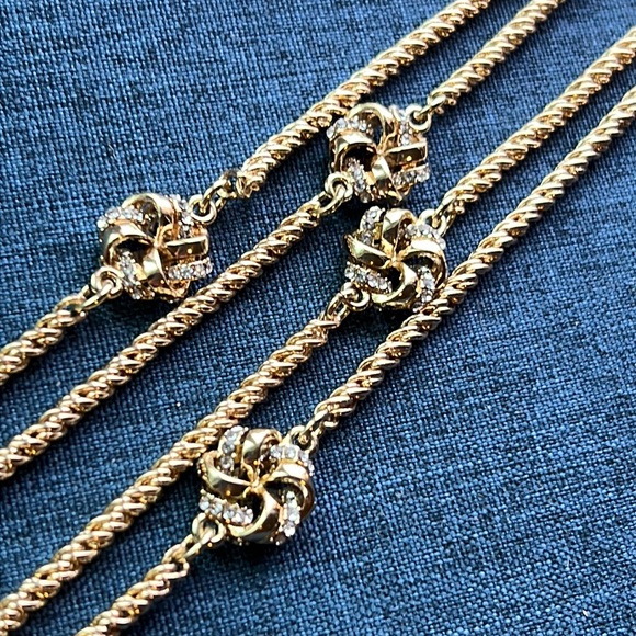 Love Knot Double Row Necklace Sprinkled with Glittering Rhinestones Golden NWT - Picture 2 of 9